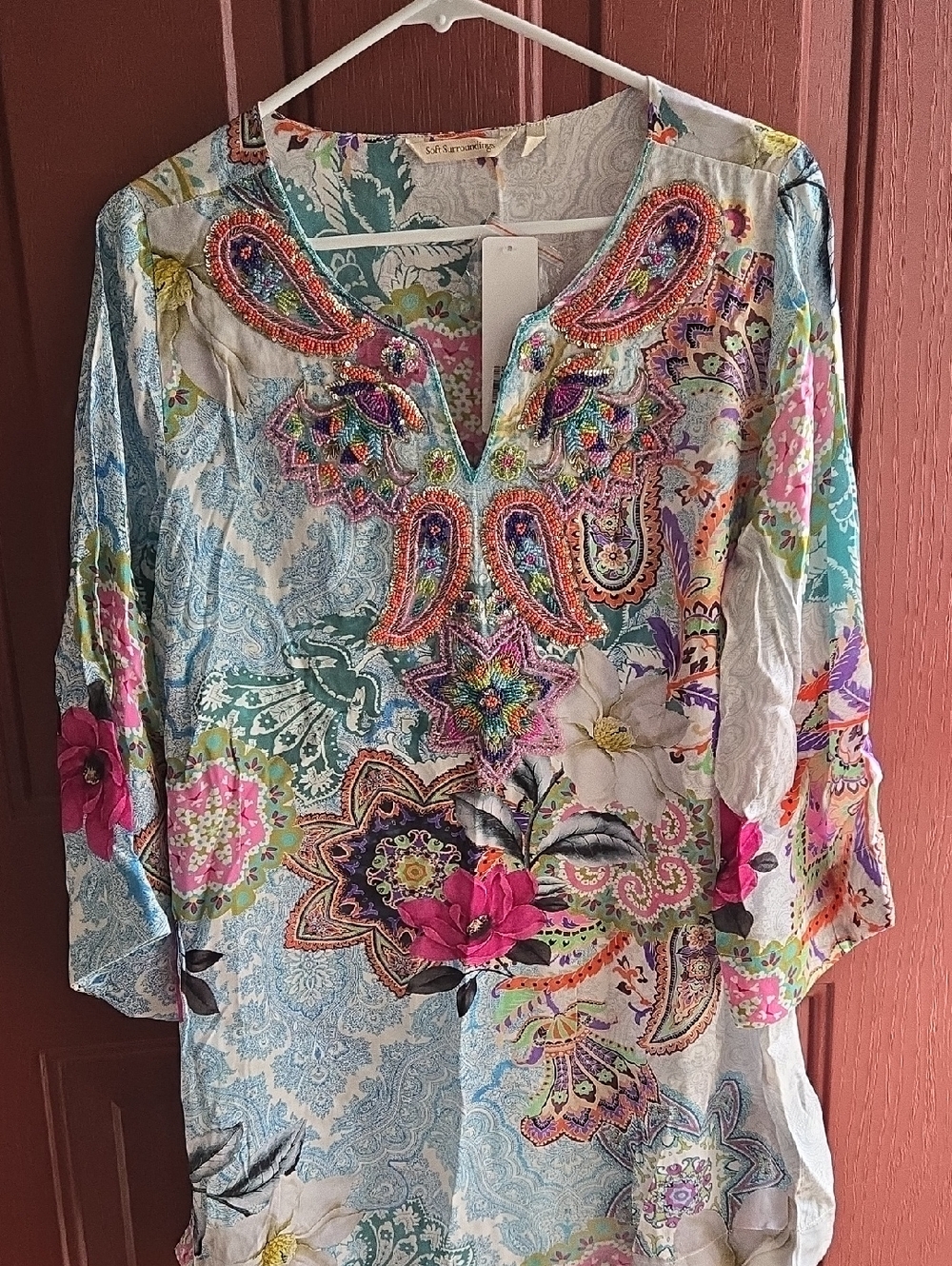 Soft Surroundings Multicolor Embroidered Paisley & Floral Tunic Nwt